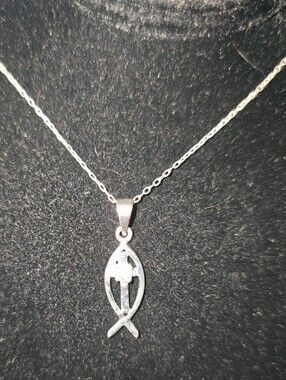 Sterling Silver Ichthus Cross Fish Pendant Necklace